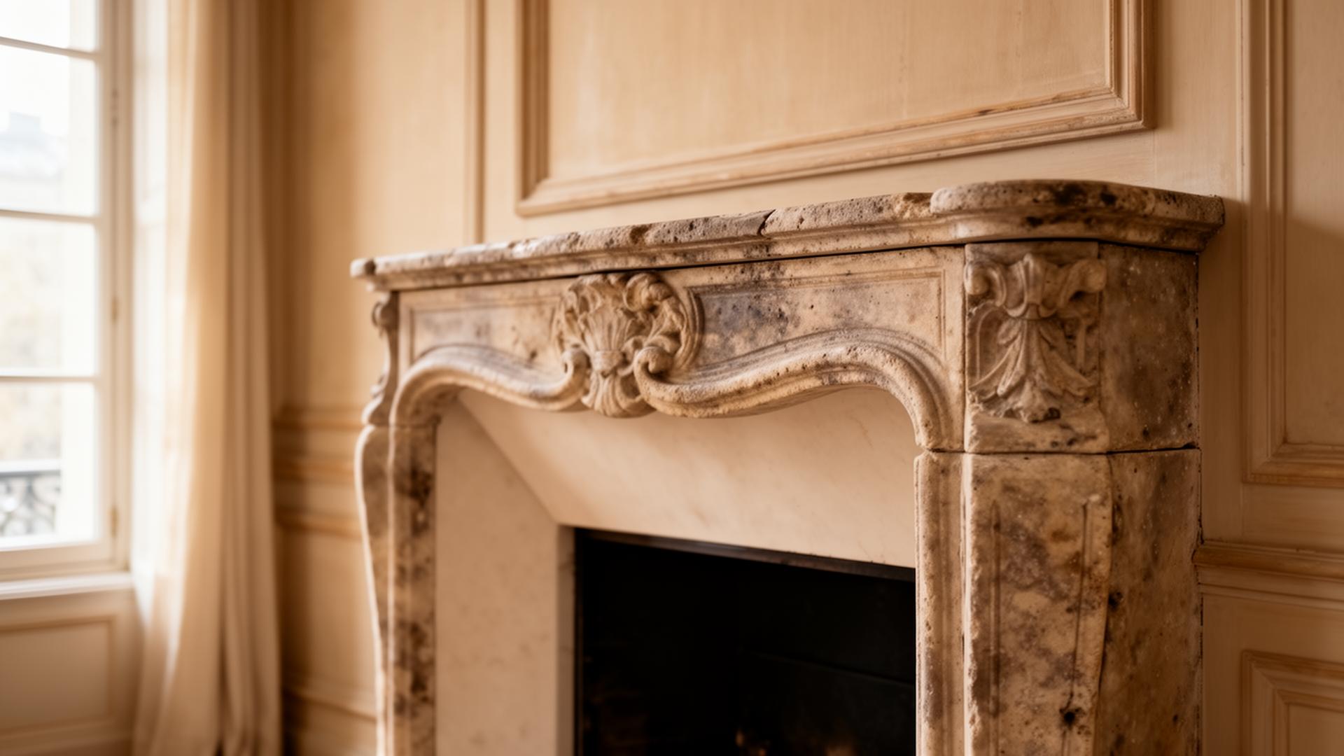 Antique reclaimed limestone mantel in a softly lit European interior