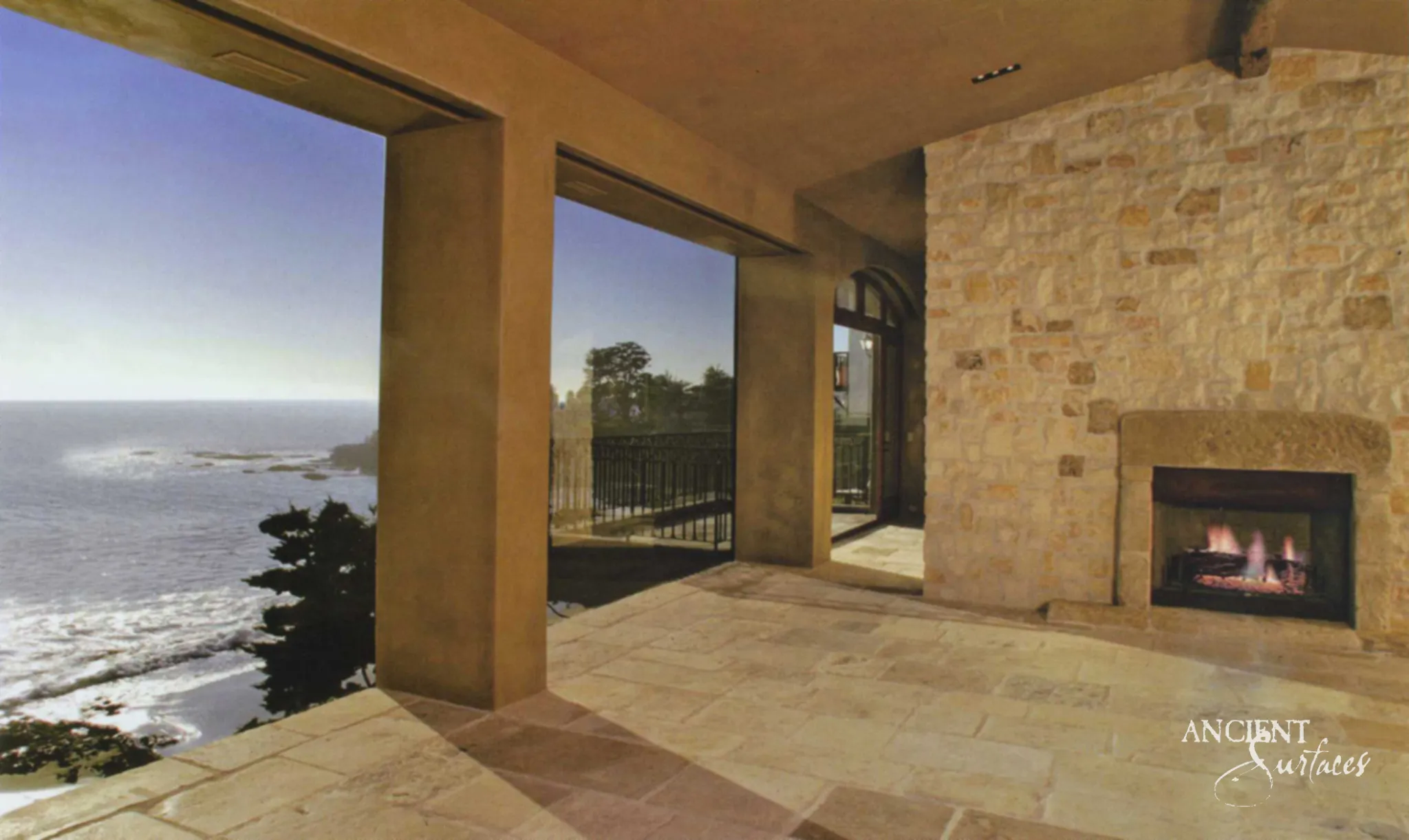 Minimal Block Limestone Fireplace