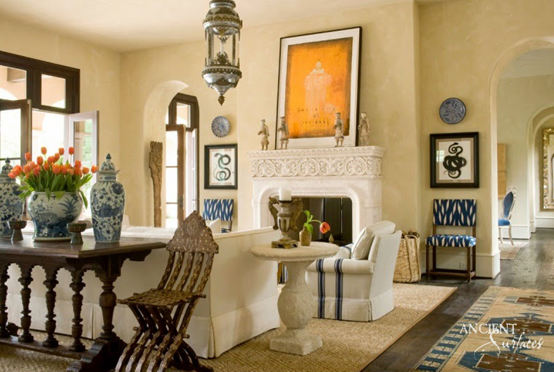 Compact Scrollwork Limestone Mantel
