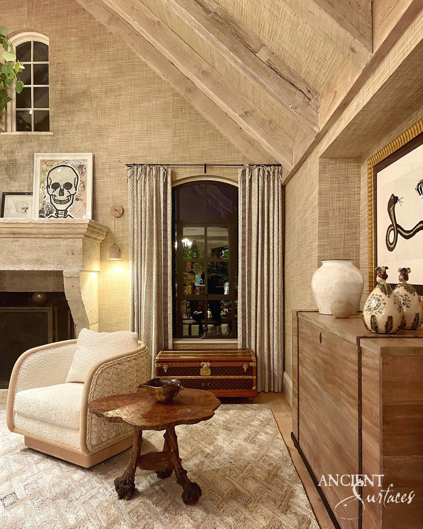 Tall Arched Stone Fireplace
